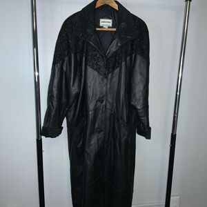 Vintage Fitz Wright 80s Womens Black Leather Trench Coat Suede Accents Duster 1X